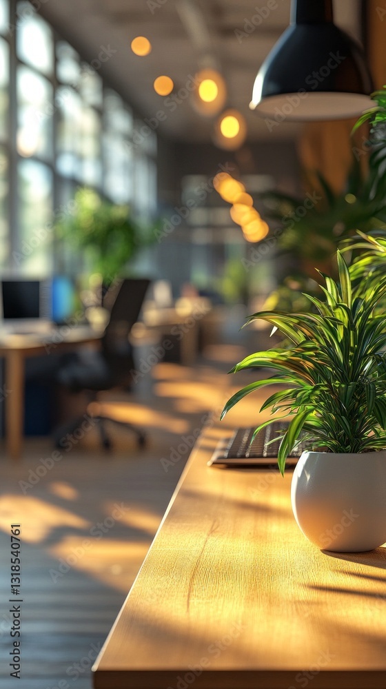 Poster warm sunlight streams through large windows, illuminating a contemporary office space filled with lu