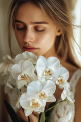 Naklejka premium Serene woman holding white orchids in soft natural light
