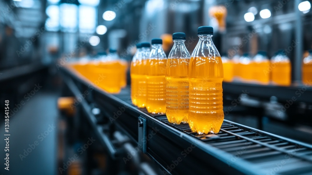 Poster Brightly colored bottles filled with orange beverage glide along a sleek conveyor belt in a bustling factory. Workers efficiently monitor the automated process, ensuring quality