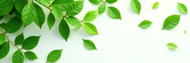 Fototapeta premium Delicate green leaves scattered on a white surface, green, foliage, isolated
