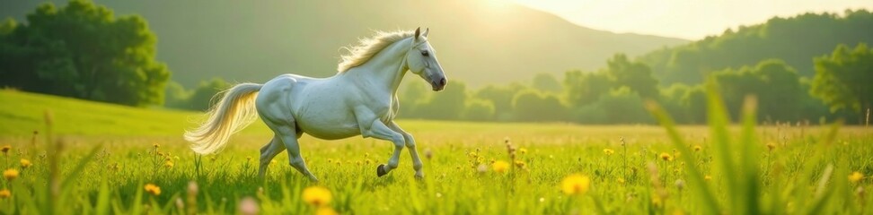 Fototapeta premium Majestic white stallion prancing in a lush meadow, white unicorn, horse, green grass