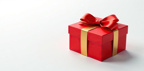 Exquisite red gift box wrapped in golden ribbon against a pristine white background, luxury gift, Christmas decoration, elegant packaging