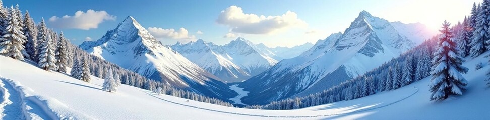 Famosa valle coperta di neve con montagne innevate sullo sfondo, mountain range, winter wonderland