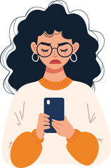 Frustration of a young woman reviewing messages on her smartphone cartoon isolated on transparent background. Vector illustration.