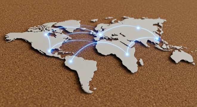 a paper cutout world map pinned to a corkboard chalk outlines of continents digital glow emanating from trade routes global business connections