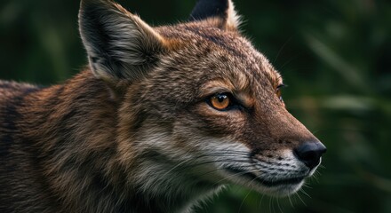 Close-up of a wild fox observing its surroundings in a lush green forest habitat