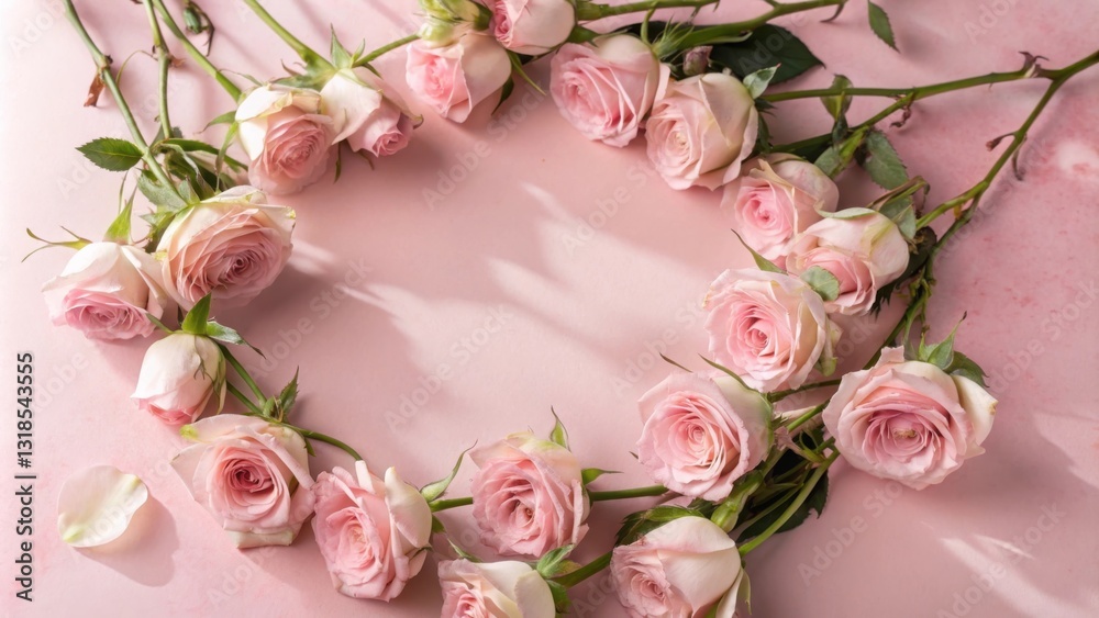 Poster a delicate arrangement of pink roses forming a circular frame on a soft pink backdrop