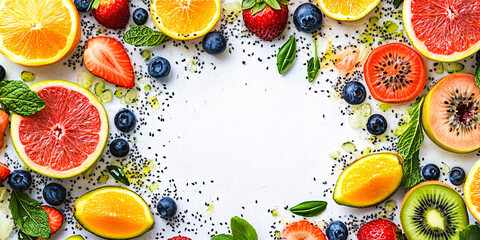 A vibrant and colorful frame of fresh fruits. Oranges, strawberries, kiwi, blueberries, and grapefruit create a delightful and healthy image.