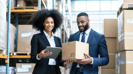 Business Professionals in Warehouse Discussing Shipment Details