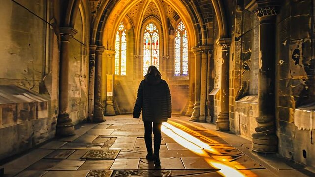 Eine Person geht durch eine gotische Kirche oder Kathedrale.