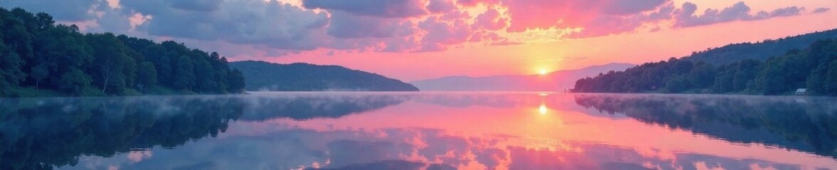 Fototapeta premium Textured watercolor effect added to a peaceful lake at dusk, lake, soft focus, watercolor texture