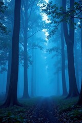 Naklejka premium Misty Forest Scene with Blue Tree Silhouettes, forest atmosphere, wilderness, green foliage