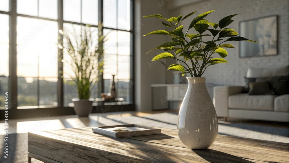 Aufkleber sunlight streams through a large window onto a wooden coffee table, illuminating a vase with green p