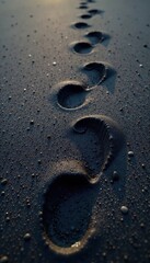 Obraz premium Tiny footprints in clean black sand, baby footprints, minimalist, clean