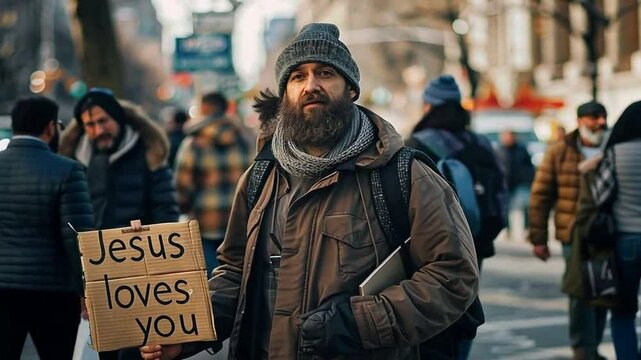 Ein Obdachloser h&auml;lt ein Schild mit der Aufschrift Jesus loves you.