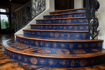 Elegant curved staircase with blue steps and ornate iron railing