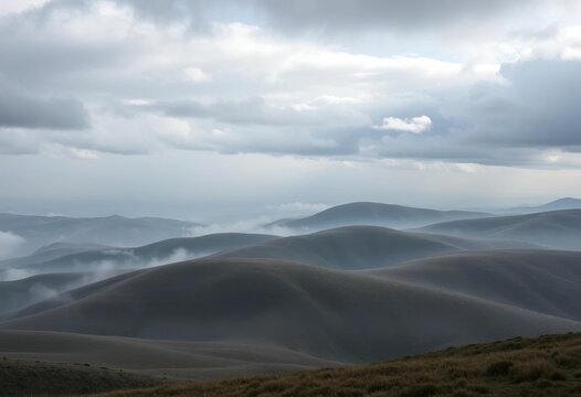 Misty gray rolling hills under a vast, cloudy sky, clouds, cloud