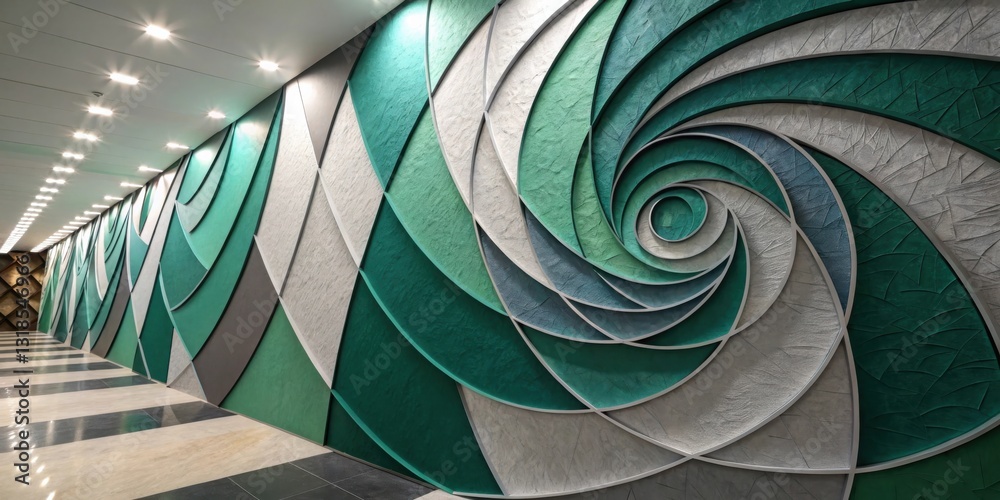 Poster a modern interior hallway with a captivating green and grey textured wall, featuring an intricate sp