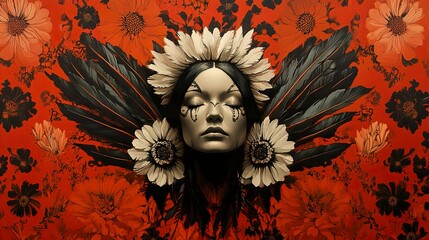 Serene Woman in Red Floral Headdress