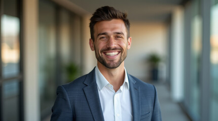 Fototapeta premium Smiling Businessman in Suit – Confident and Professional Corporate Headshot