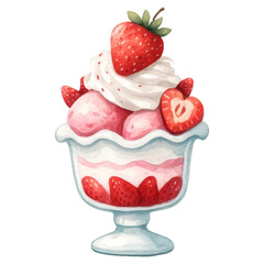 Strawberry sundae concept. A delightful strawberry sundae with creamy ice cream, whipped topping, and fresh strawberries, presented in a charming glass dish.
