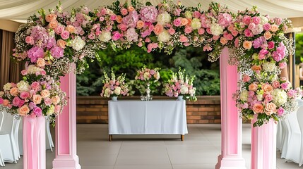 Naklejka premium Pink floral wedding arch with table.