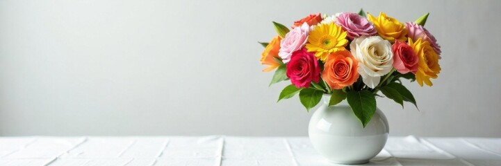 Fototapeta premium Vase filled with assorted colorful flowers on white tablecloth, vase, petals