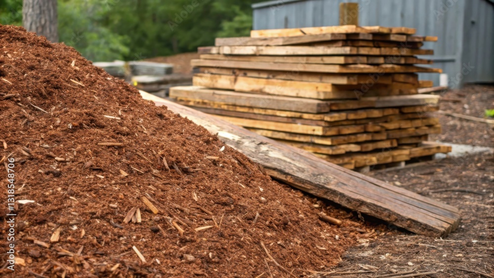 Poster a pile of wood chips and a weathered plank resting beside a stack of lumber awaiting their next purp