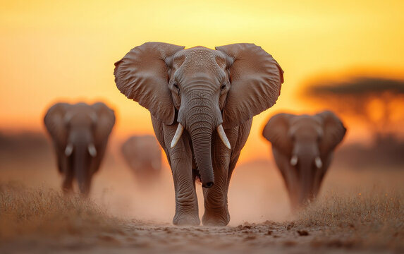 Majestic elephants walking towards camera during sunset, creating stunning silhouette against vibrant orange sky. scene captures beauty of wildlife in its natural habitat - Powered by Adobe