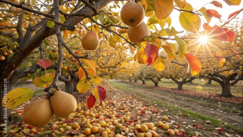 Poster golden pears hanging from a branch in an orchard with autumn leaves and sunlight shining through the