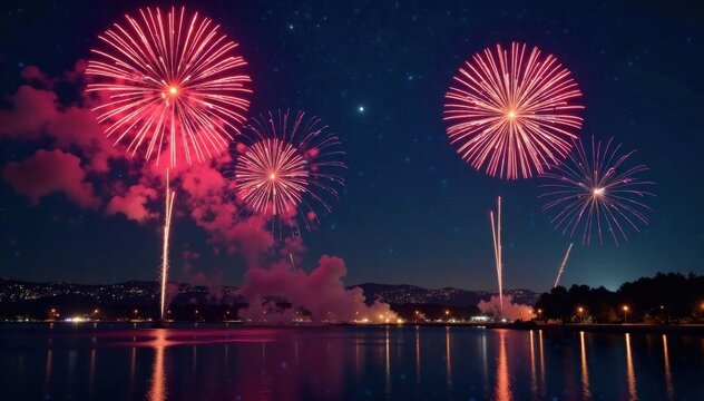 New Year's Eve fireworks exploding in the night sky, year, calendar, toast
