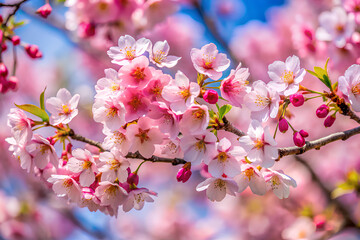 Fototapeta premium Close-up of pink cherry blossoms in full bloom on tree branches, set against a bright blue sky, symbolizing spring and renewal