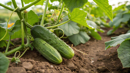 Obraz premium Close-up of ripe, green cucumbers growing on a vine in rich soil, highlighting organic farming, natural produce, and sustainable agriculture.