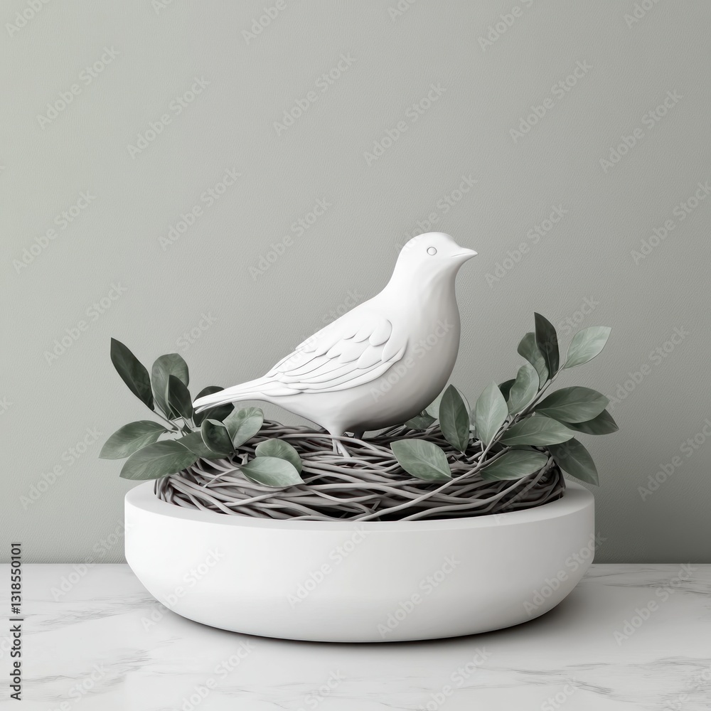 Aufkleber 3d clay style bird nest with twigs and leaves on neutral background