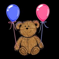 Gender reveal. Teddy bear holding pink and blue balloons for gender reveal party. Teddy bear design for new baby. New baby gender reveal party design. Cute baby shower teddy bear design with balloons.