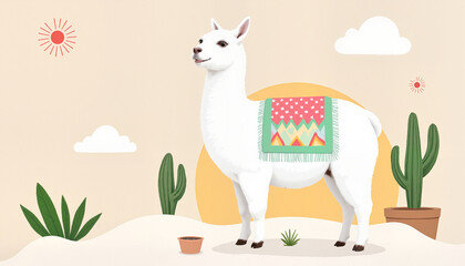 Obraz premium Charming hand-drawn fluffy llama illustration with a colorful blanket in a minimalist style