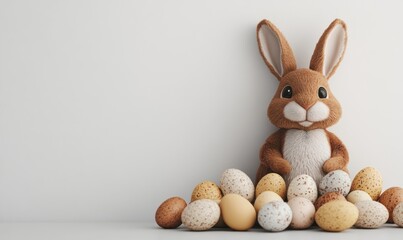 Obraz premium Cute 3D Clay Bunny Hiding Among Colorful Easter Eggs Decoration