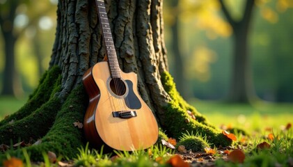 Old guitar leaning against a mossy tree trunk, grunge, music, nature