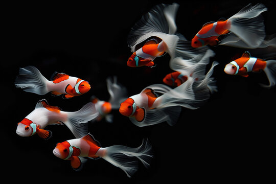 Colorful fish School. Black background. Generative AI