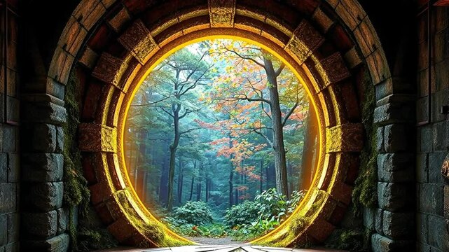 Magical Portal to Enchanted Forest with Glowing Tree &ndash; Fantasy Gateway with Golden Light Leading to a Mystical Nature Realm