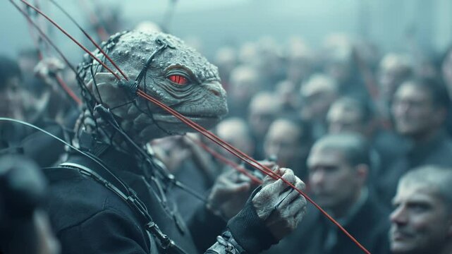 Reptilian creature with red eyes pulling strings in dark atmosphere, blurred figures in background. Lizard-like monster controlling puppet wires. Conspiracy theory. halloween content. Horizontal video