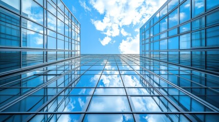 Modern skyscraper reflection urban landscape architectural photography cloudy sky low angle view contemporary design