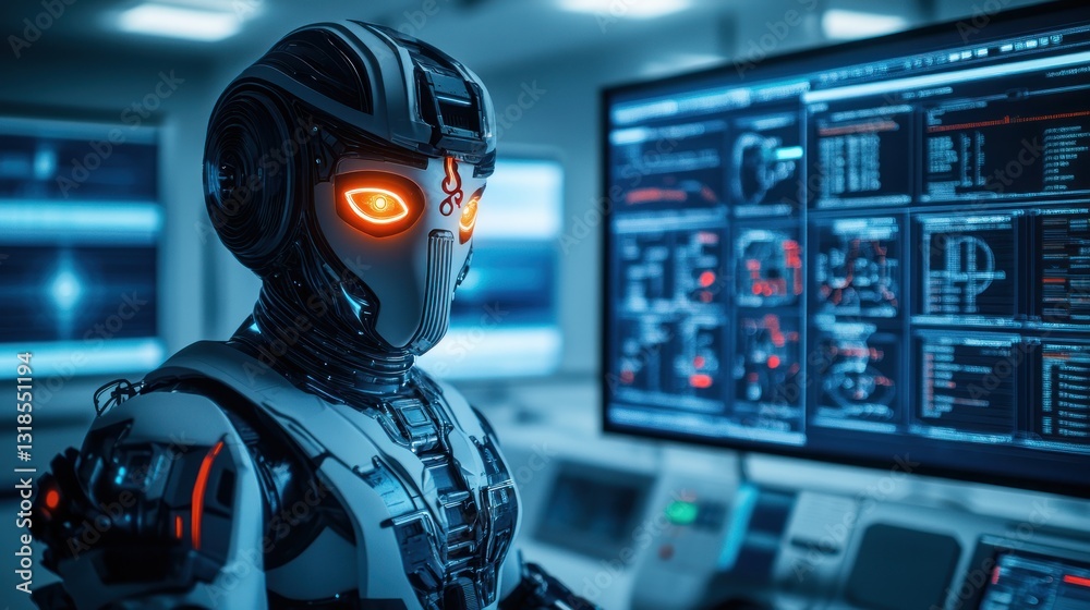 Poster Futuristic Robotic Ganesha with Glowing Arm in Sci-Fi Setting