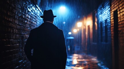 Mysterious Man in Fedora Walking Through Rainy Alley at Night