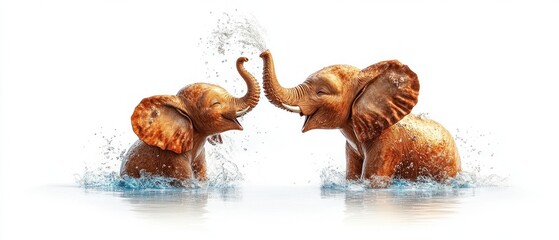 Playful Elephants Spraying Water in Artistic 3D Clay Style