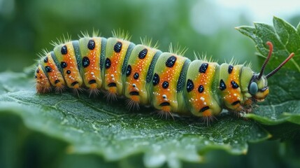 Fototapeta premium A striking caterpillar displays bright colors while perched on a green leaf, surrounded by foliage