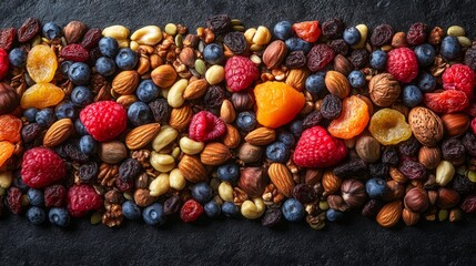 A vibrant mix of dried fruits and nuts offers a tasty and healthy snack choice