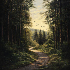 Obraz premium Sunlit Forest Path: A Serene Journey Through Towering Trees and Golden Light