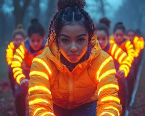 Glowing Teamwork Exercise in Park as Student Leader Motivates Peers to Complete Obstacle Course