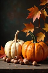 Fall still life featuring pumpkin gourds, nuts, and autumn leaves against a rustic background, nuts, natural textures, gourds